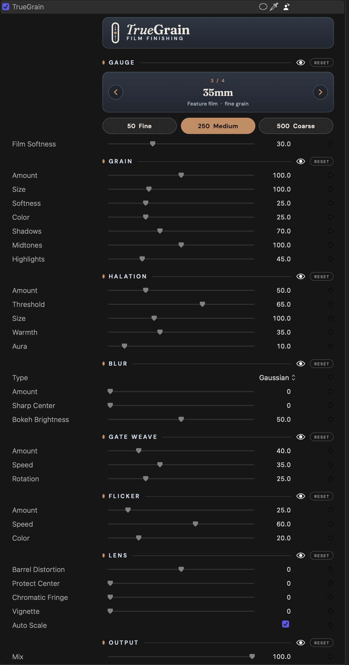 The full TrueGrain inspector in Final Cut Pro: gauge card and film speed, film softness, grain, halation, blur, gate weave, flicker, lens and output