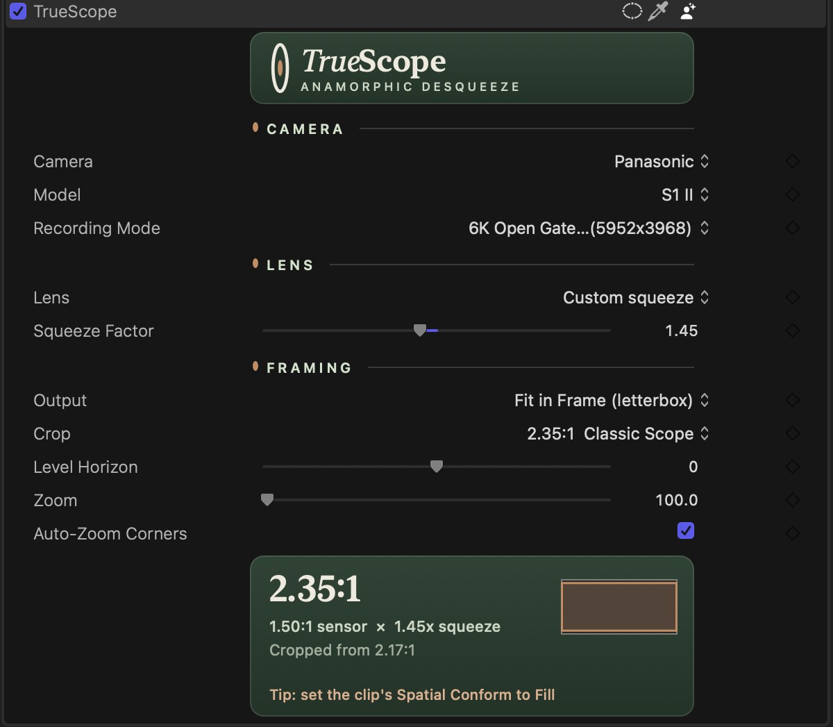 The TrueScope inspector in Final Cut Pro: camera, lens and framing controls with a result card showing 2.35:1