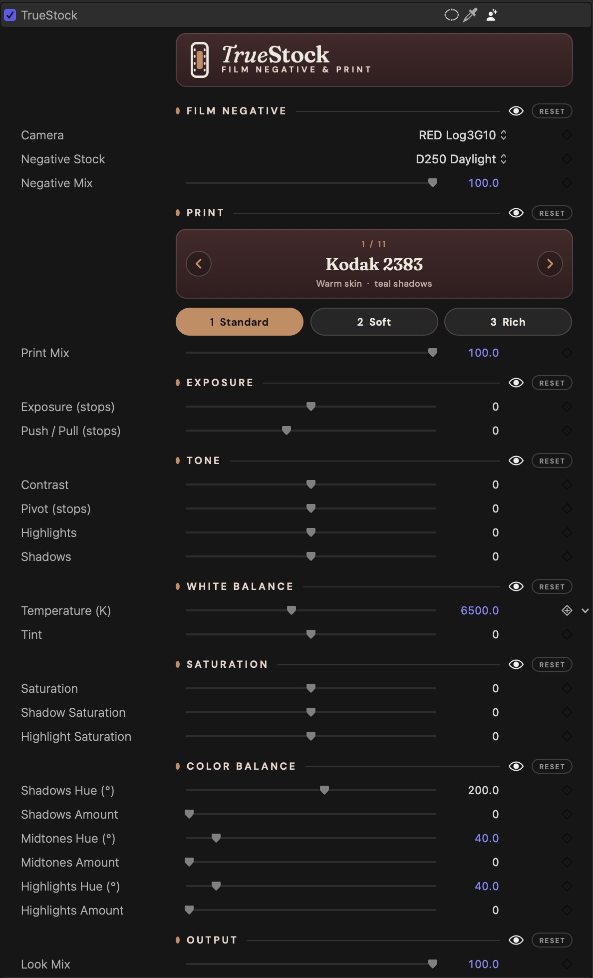 The full TrueStock inspector in Final Cut Pro: film negative, print card and presets, exposure, tone, white balance, saturation, color balance and output